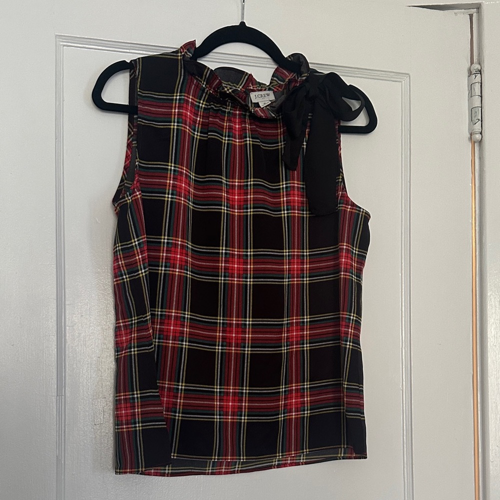 Plaid Sleeveless Bow Neck Shell - Red & Black